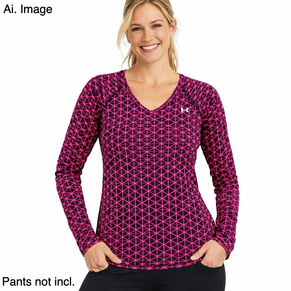 Under Armour HeatGear Womens M. Pink Black Geometric V-Neck Long Sleeve Top